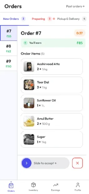 Radyus merchant app orders screen